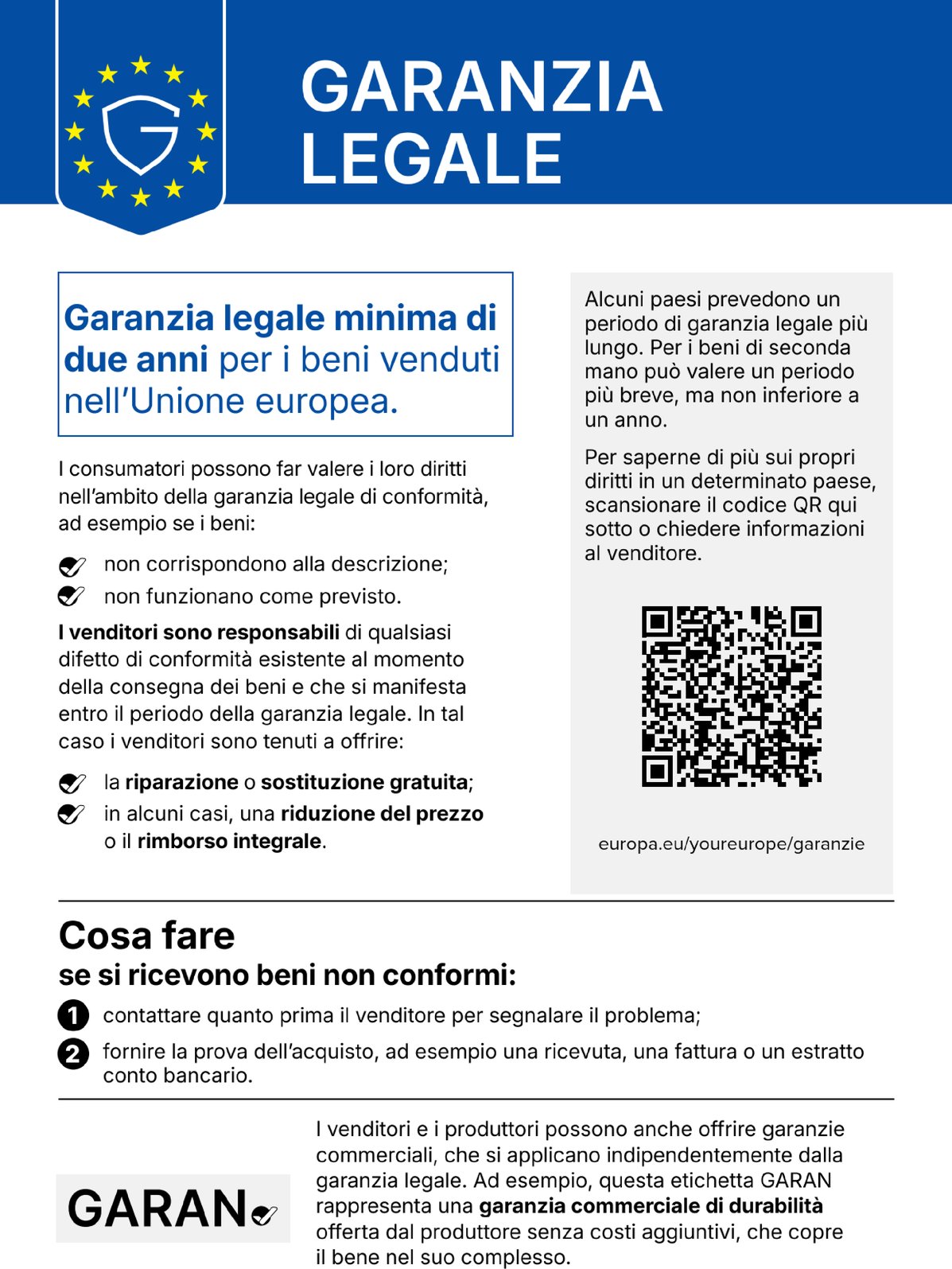 Avviso armonizzato dell'Unione europea sulla garanzia legale di conformità, che dura almeno 2 anni